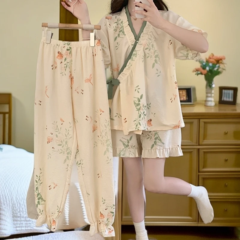 夏季女大睡衣女款爆款2025新款可外穿大码高颜值短袖家居服三件套