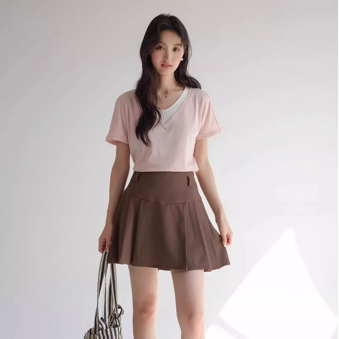 【遮肉甜美假两件V领T恤夏薄款】蓝若水大码女装舒适显瘦上衣86809