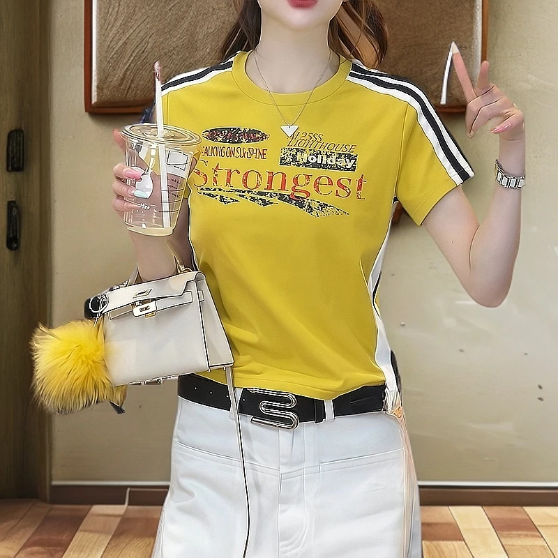 条纹字母上衣纯棉100%正肩显瘦女t恤短袖夏季新款减龄洋气衣服女