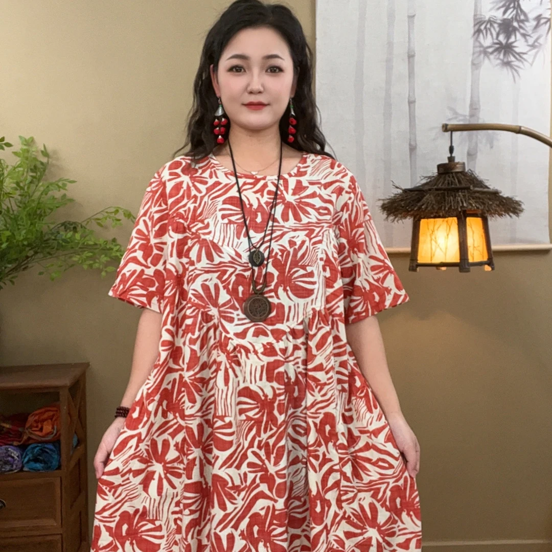 圆领短袖复古长裙大码连衣裙印花不褪色吸汗