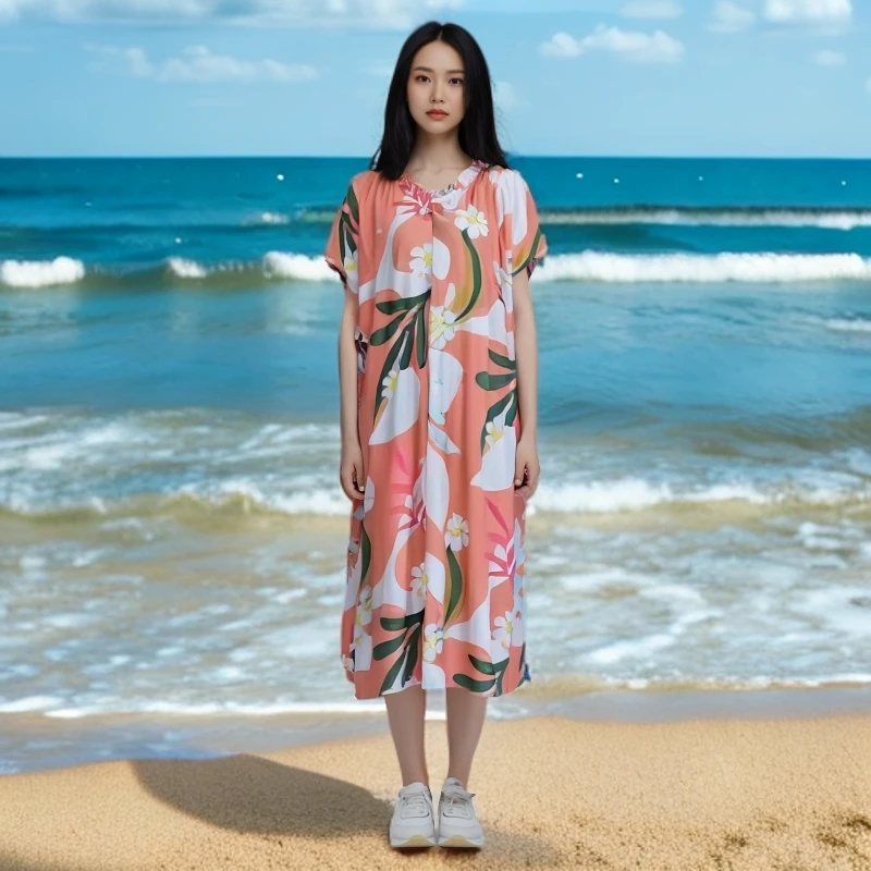 小胖【绵绸】微胖款家居服长款简约睡裙夏季女款长裙休闲短袖连衣裙