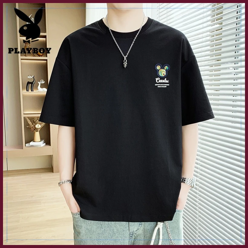 花花公子男士高端刺绣米奇T恤纯棉短袖男装夏季新款半袖潮流时尚
