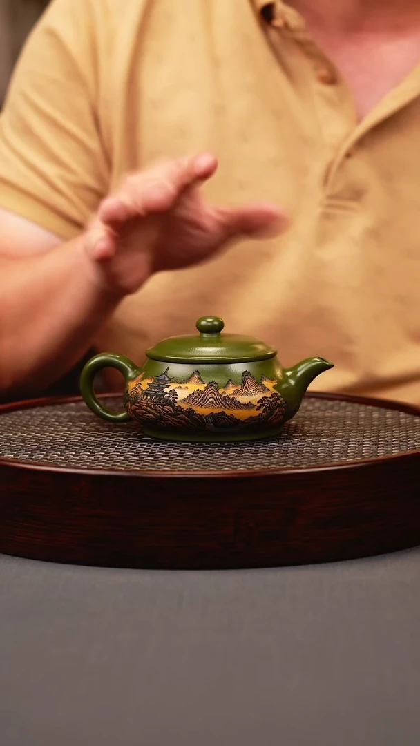 茶壶紫砂绿泥 明炉 彩刻山水
