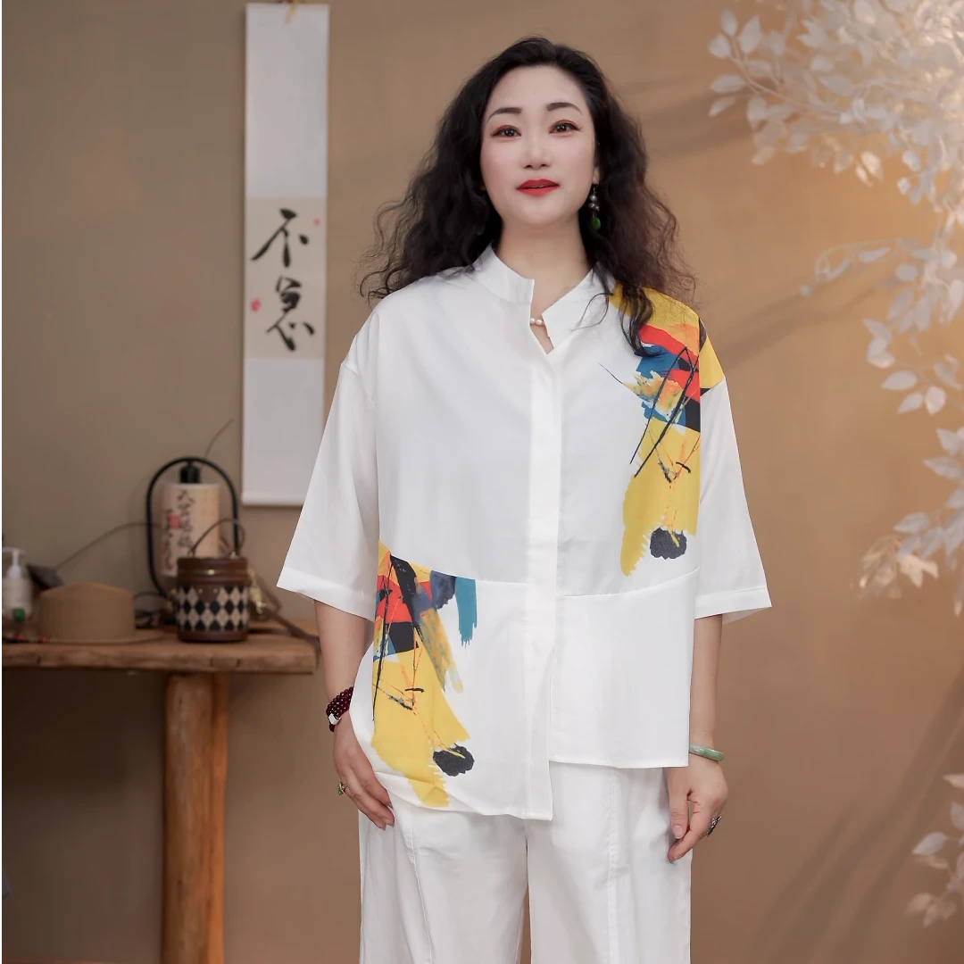 9121  休闲时尚百搭宽松印花上衣25新款文艺中袖减龄大码女装上衣
