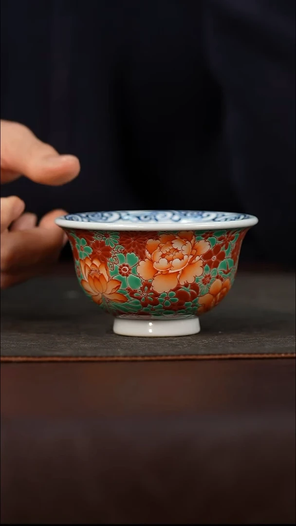 瓷瓷姑娘茶器立勤堂红绿彩万花杯