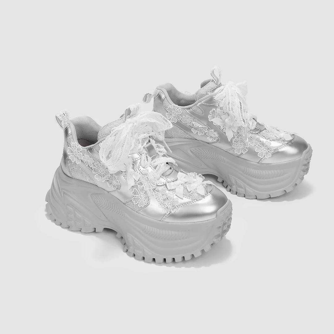 2025春季新款繁花蕾丝时尚透气百搭老爹鞋厚底增高休闲鞋