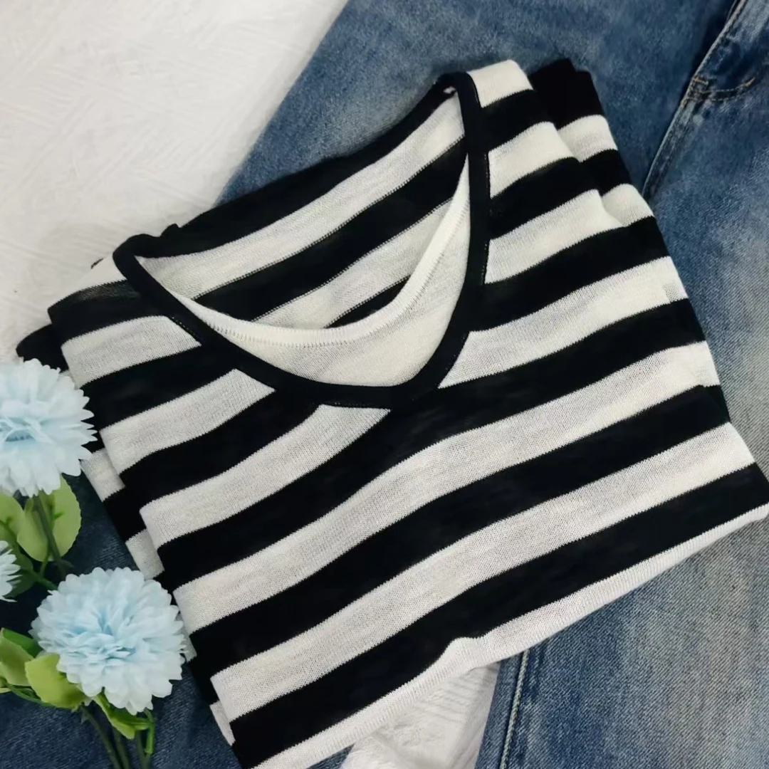 【假两件条纹】休闲宽松大码凉快透气减龄显瘦洋气时尚气质针织衫t