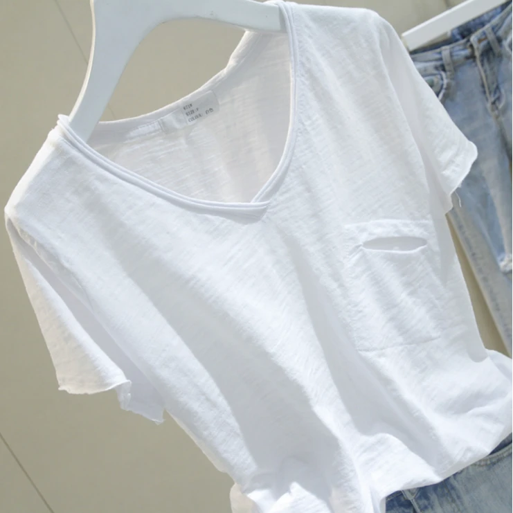 简衣 竹节棉短袖t恤女短袖女款爆款2025新款宽松v领体桖洋气休闲