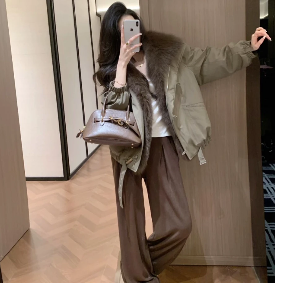 2026秋冬新款韩系气质毛毛大翻领宽松长袖派克服外套休闲裤两件套
