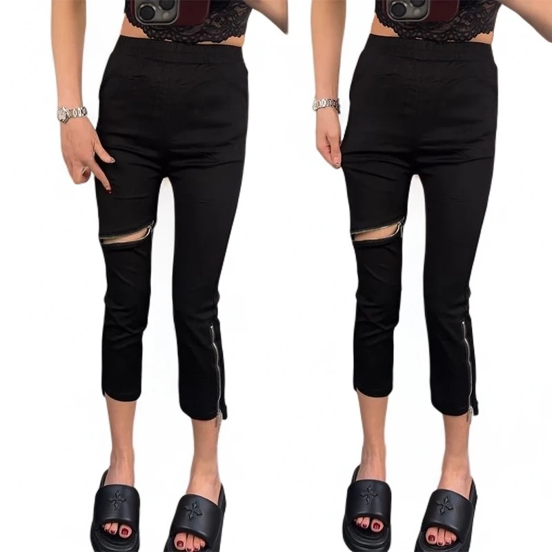 欧货2025夏休闲铅笔裤女高腰小脚裤百搭修身显瘦拉链梨形松紧腰女