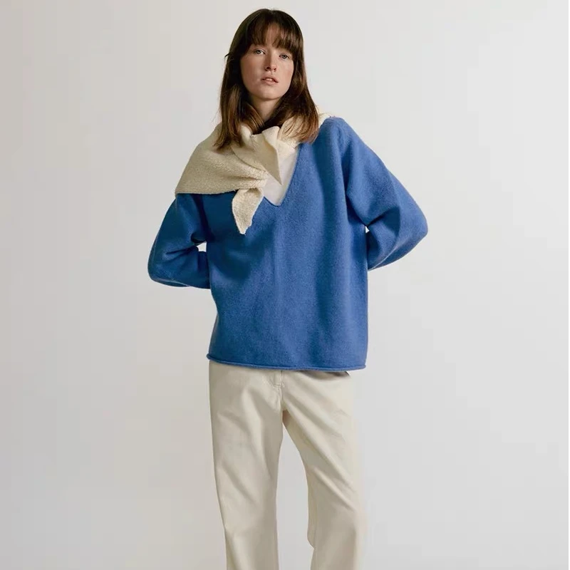 东大门25早春Noth*ngWr*ten时尚简约慵懒风卷边V领针织毛衣2502-j