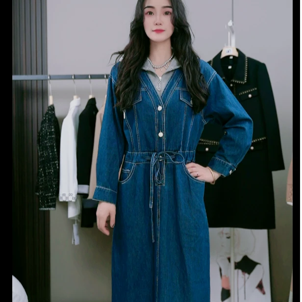 3009 连帽牛仔连衣裙假两件连衣裙时尚