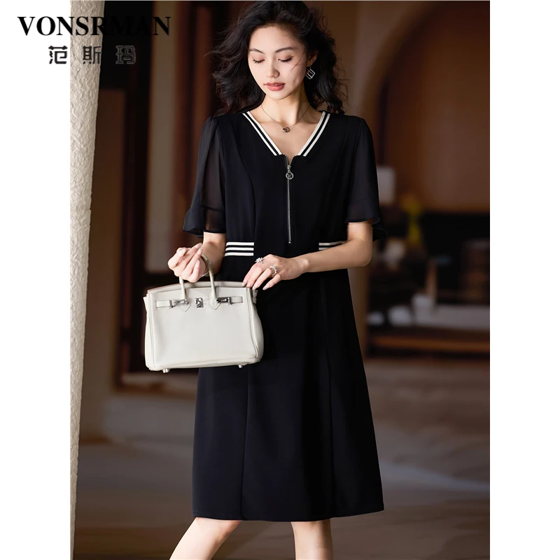 VONSRMAN高端气质拼接连衣裙女夏季2025新款优雅V领宽松显瘦雪纺