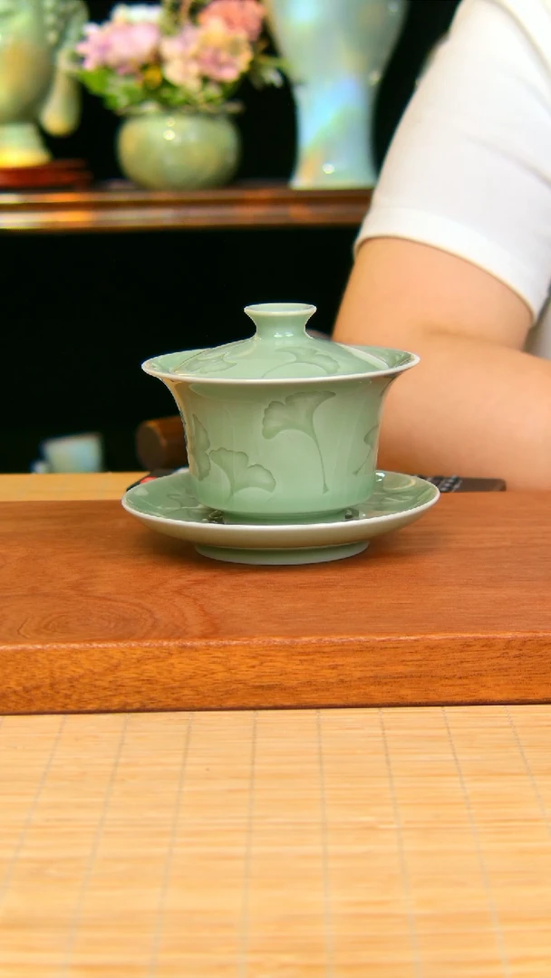 汝瓷银杏马蹄盖碗全手工不完美