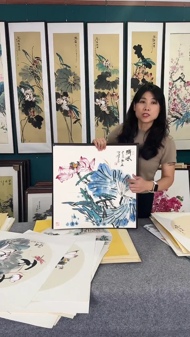 国画荷花实木装裱50*50