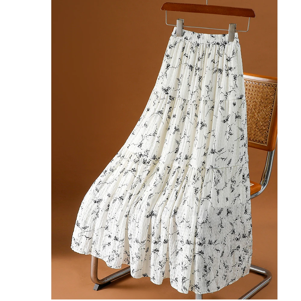 黑白碎花百褶半身裙女夏季新款松紧腰接接印花雪纺a字长裙子