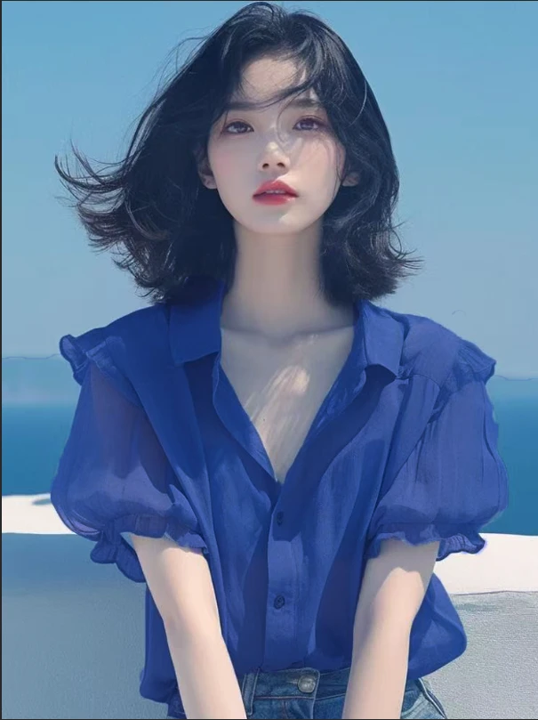法式气质蓝色泡泡袖雪纺小衫女夏季新款遮肉显瘦上衣减龄薄款衬衫