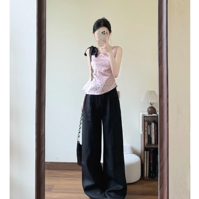 MARIE.COCO纯欲波点绑带蝴蝶结斜肩吊带背心无袖上衣休闲长裤套装