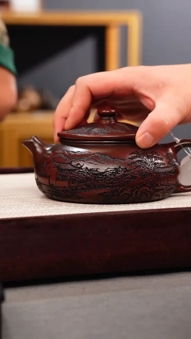 茶壶紫砂铁皮石红 大寒江 刻绘