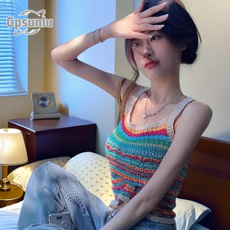 gpsunlu彩色条纹针织美背打底上衣女新款吊带小背心夏季内搭外穿