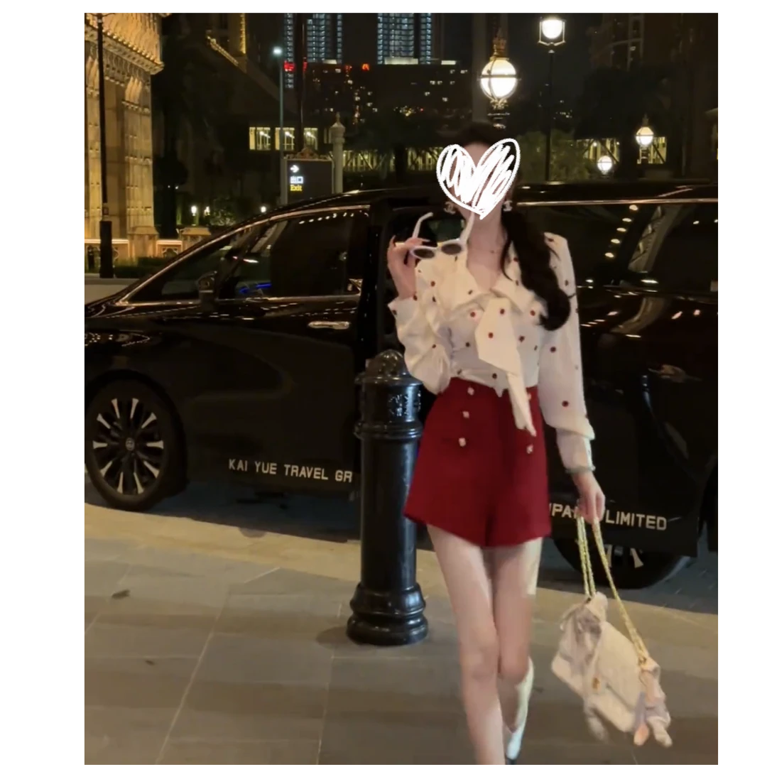 【现货】甜酒波尔卡收腰蝴蝶结波点白衬衫红色短裤套装S11088