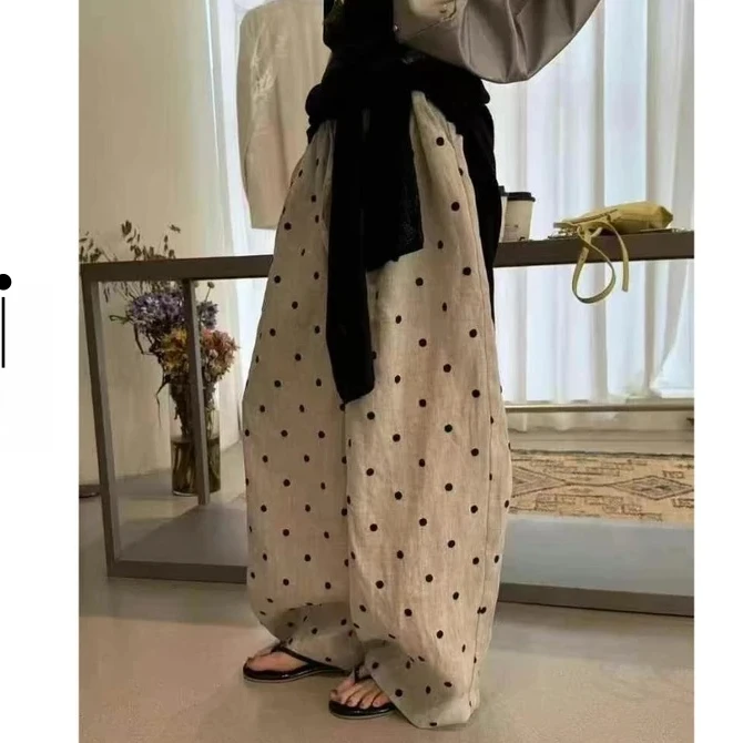 波点裤女薄款凉感宽松休闲长裤子女韩系夏季新款薄款阔腿裤9888