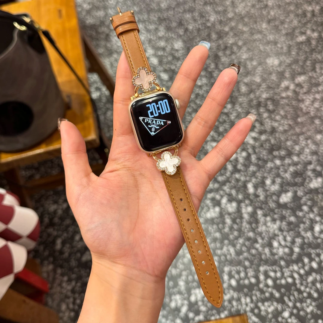 真皮四叶草小香风表带高级感 适用于apple watch1-10代SE Ultra