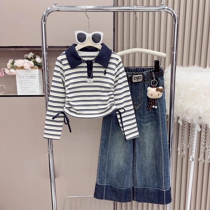 女童条纹打底衫牛仔裤套装2025新款春秋款长袖T恤POLO衫阔腿裤潮9