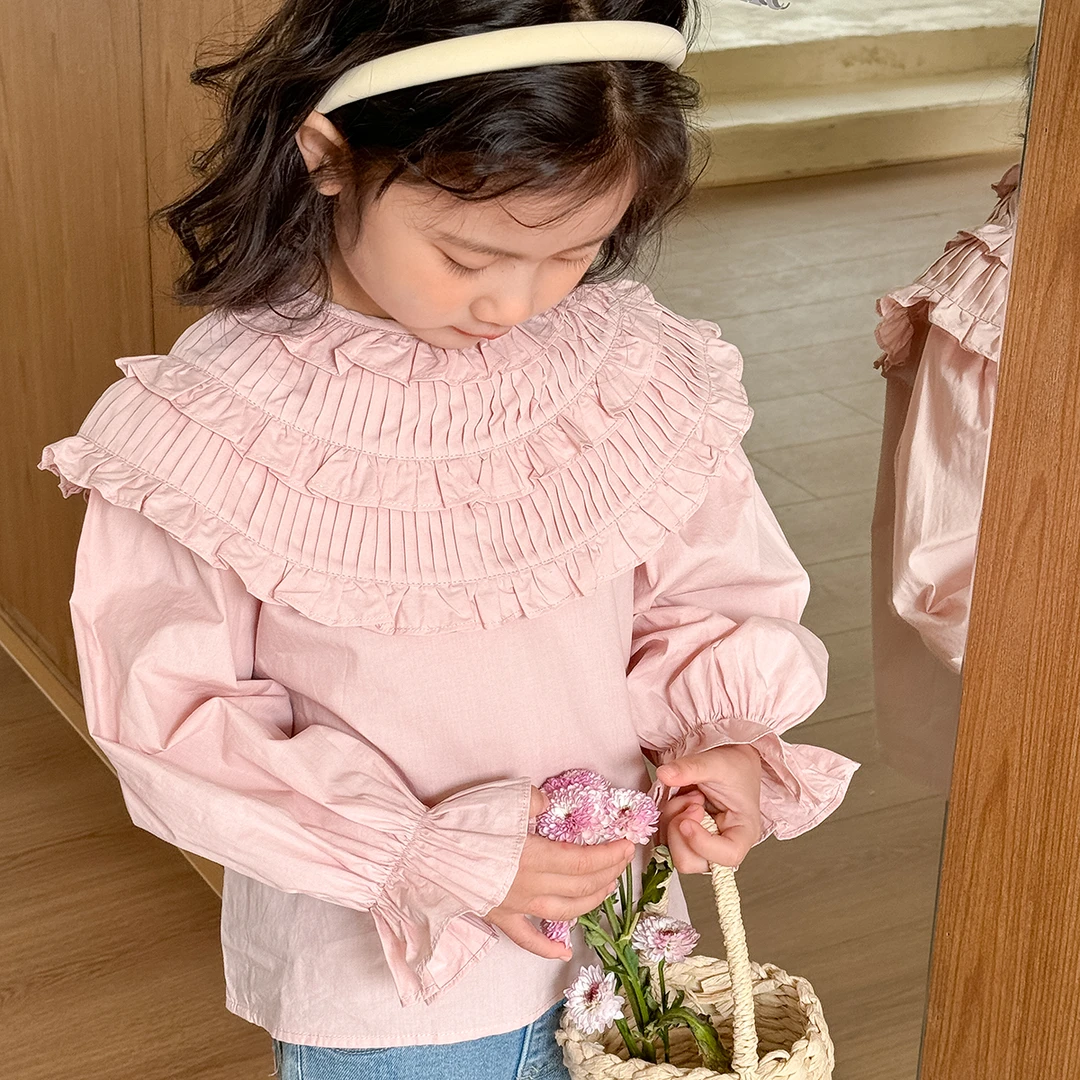 现货【可洛】100棉5427女童春季新款薄款娃娃衫法式百搭长袖衬衫