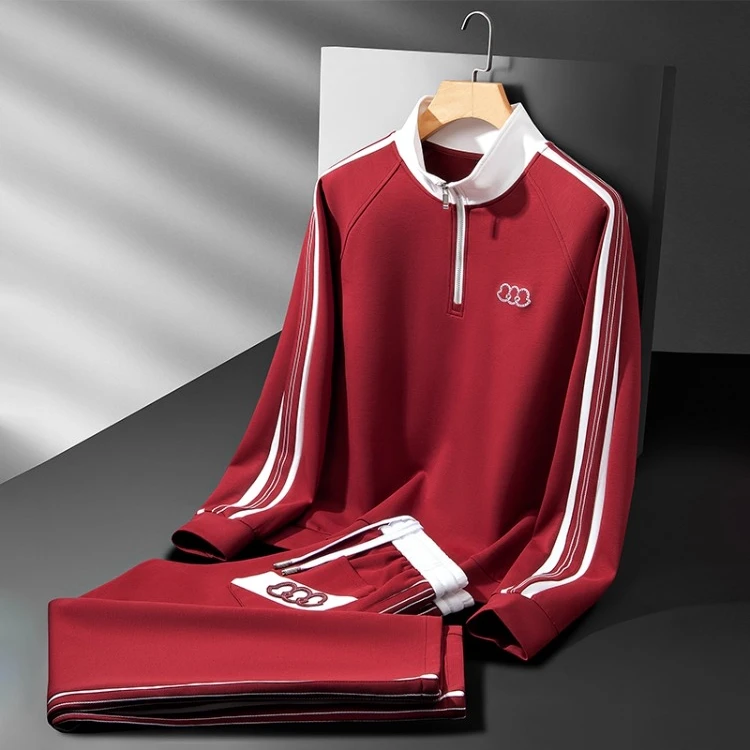 秋冬时尚侧边条杠休闲运动套装男高端半拉链立领卫衣长袖两件套男
