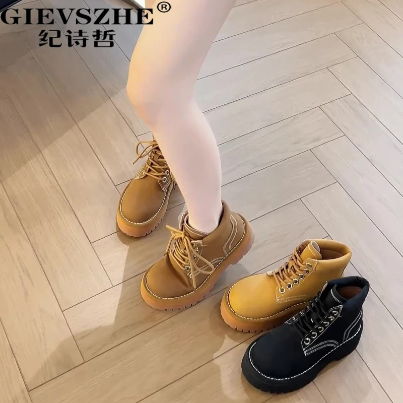 纪诗哲真皮马丁靴女休闲厚底短靴户外风复古经典百搭厚底增高靴子