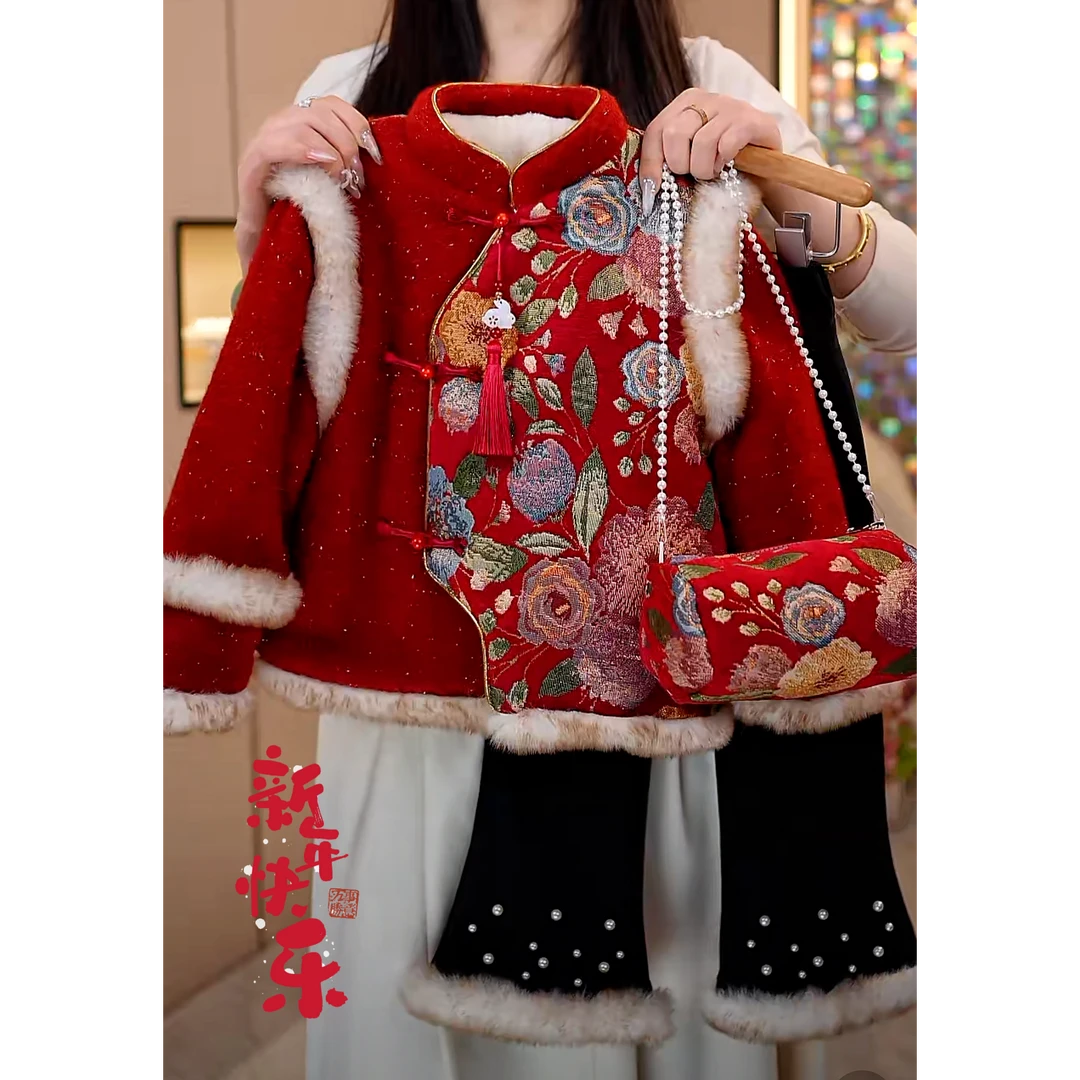 【锦上添花】女童外套冬装大童新中式唐装加绒加厚上衣套装新年服