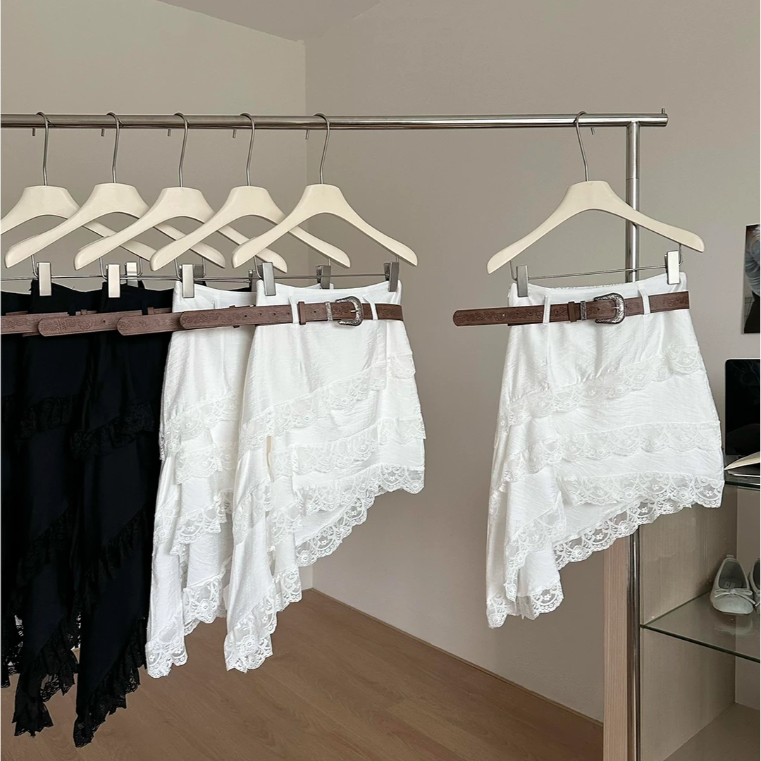 洋气百搭不规则斜边蕾丝花边裙女夏季新款复古百搭高腰遮胯半身裙