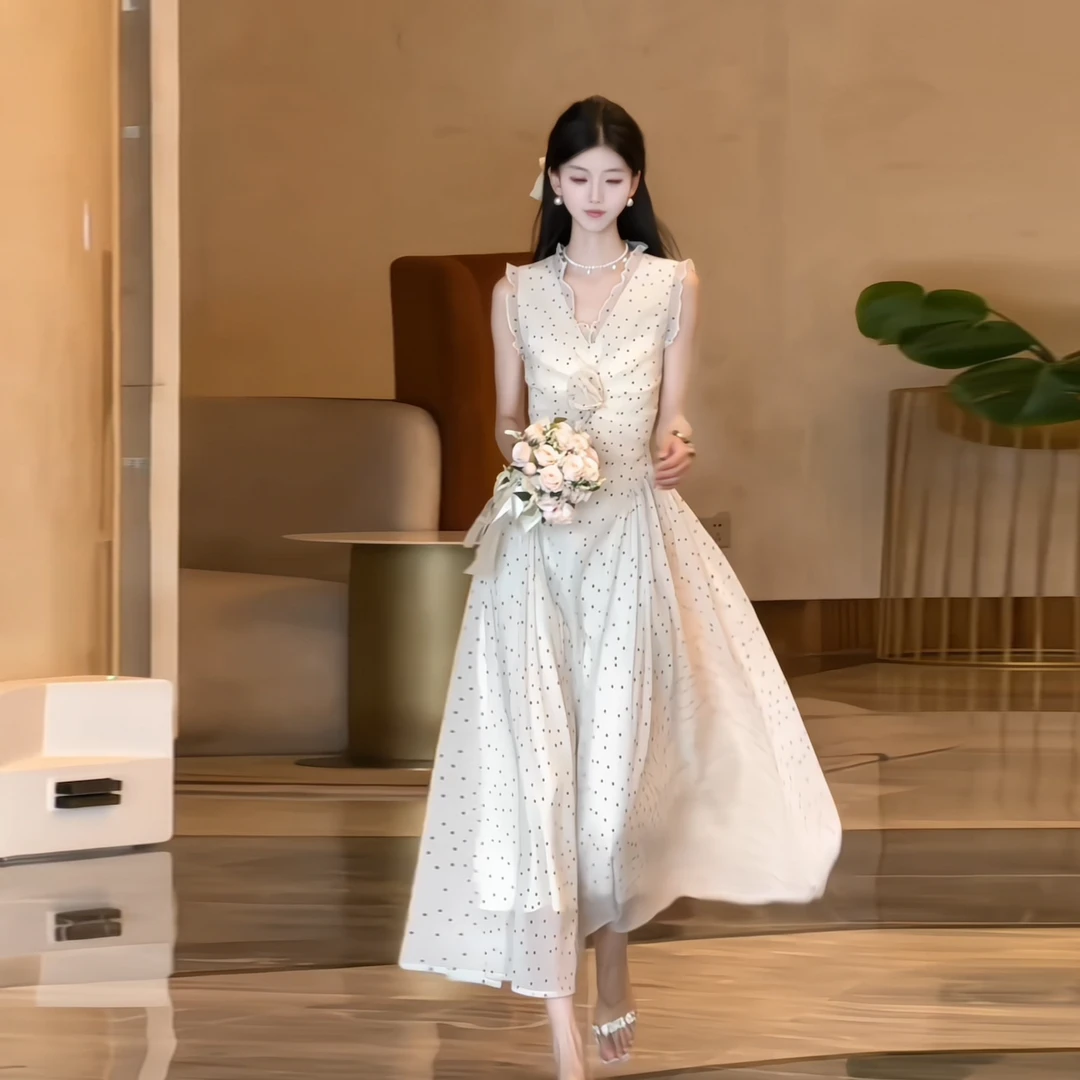 拉夏贝尔25夏多巴胺风格衣服纯欲风显瘦波点收腰连衣裙 10425 LSC