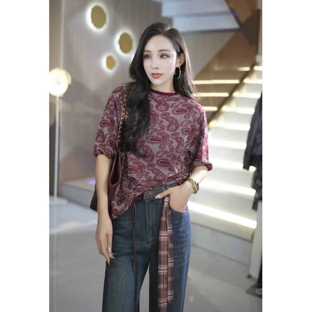 时尚百搭精纺气质显瘦女士腰果花钩花提花中领织衫毛衣6W+9y098