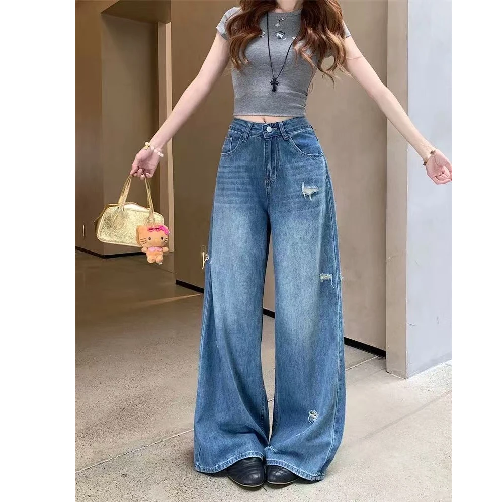 （运费险+免费试穿）蓝色高腰直筒牛仔裤女辣妹宽松垂感ins拖地长裤
