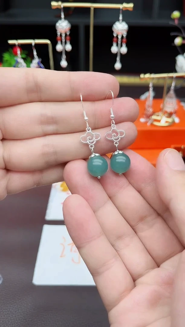 石英质玉（天山翠）银S925镶嵌耳饰431000