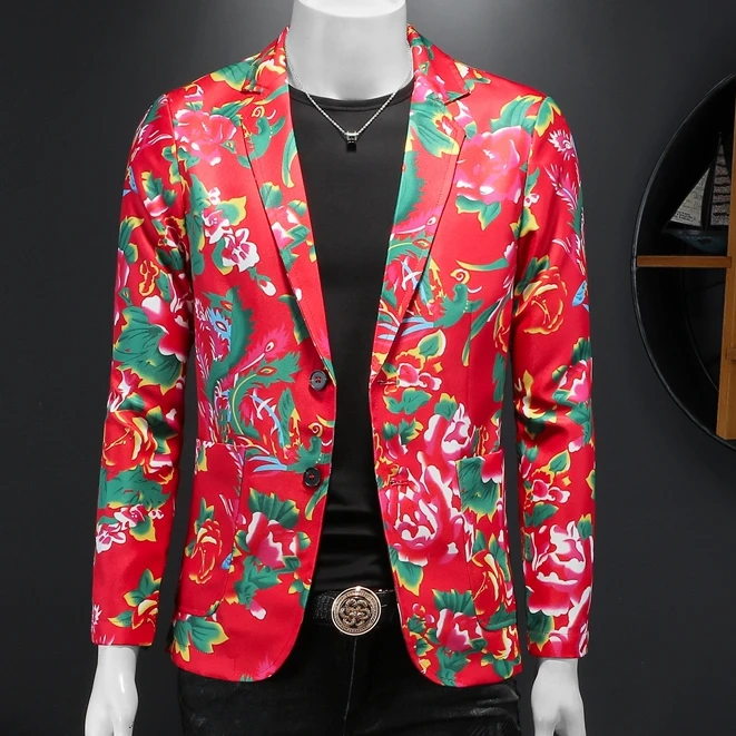 贾鲁萨加高端时尚春秋男士潮牌印花西装高级感修身休闲痞帅单西服