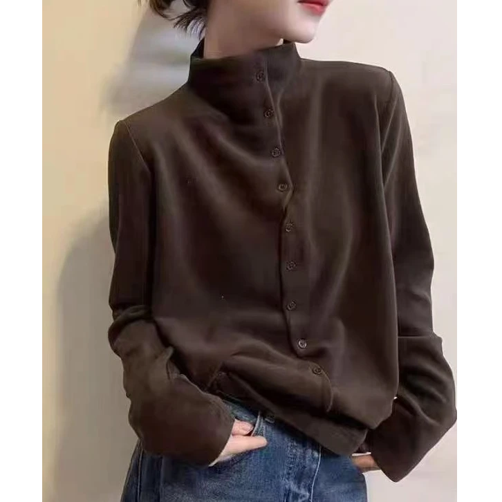 套头女上衣复古秋冬打底衫秋季长袖设计感宽松型立领