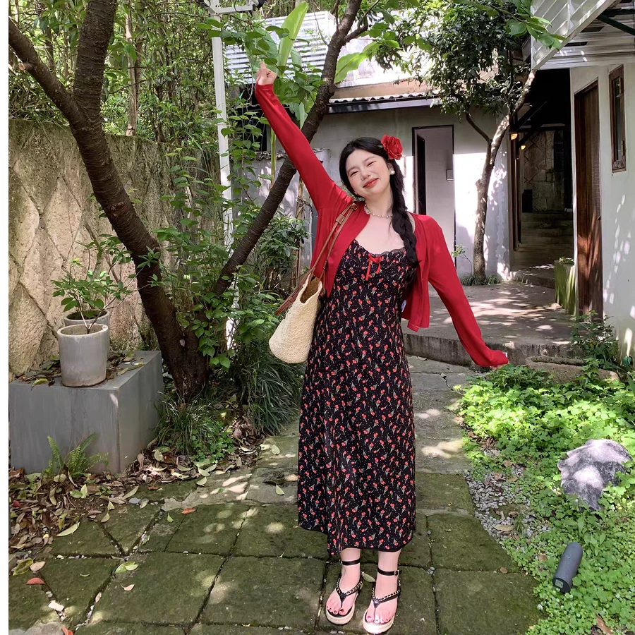 大码胖妹妹/明艳系碎花吊带裙防晒衫度假连衣裙9209/9205