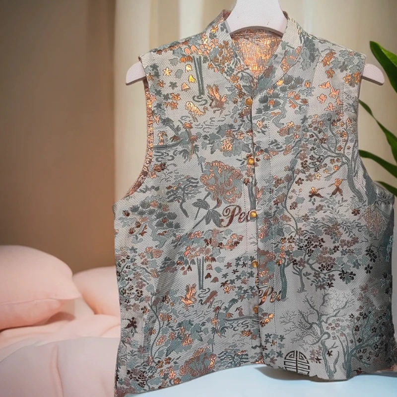 202500019新中式国风两面可穿提花缎面盘扣马甲