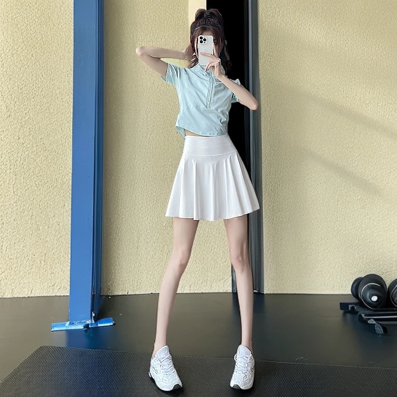 羽毛球网球瑜伽服白色健身衣短裙运动套装百褶新款速干女学生休闲