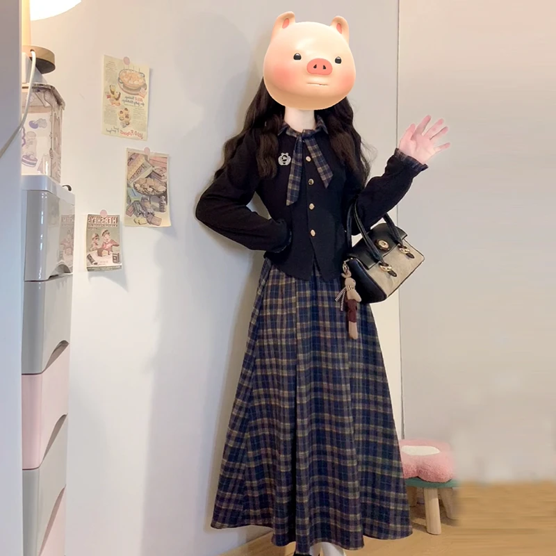 大码胖妹妹秋季学院风假两件女系带格纹拼接长袖格纹连衣裙