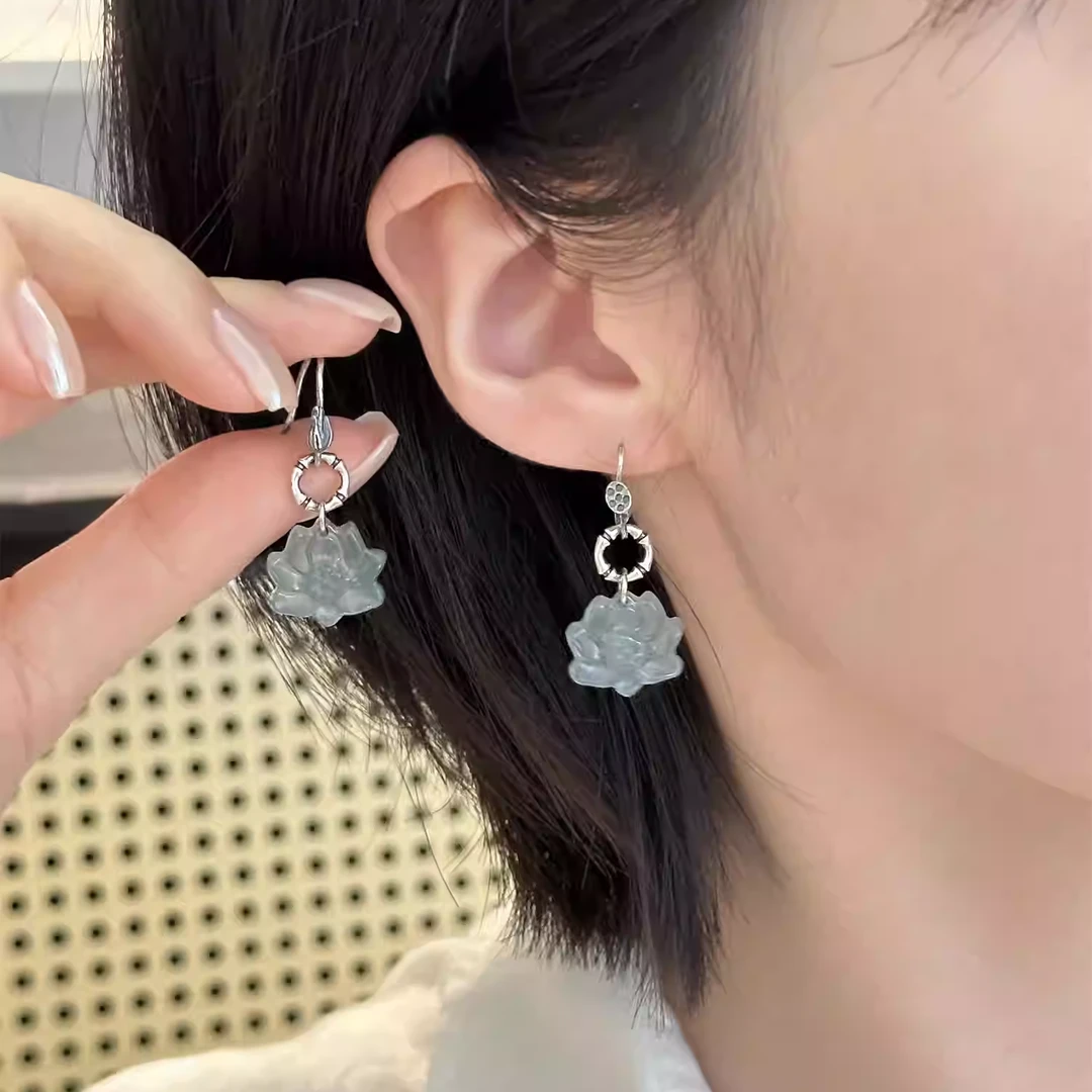 E26350<一禅兄>s925银翡翠莲花莲花苞/莲蓬耳钩AB款耳环多样性发