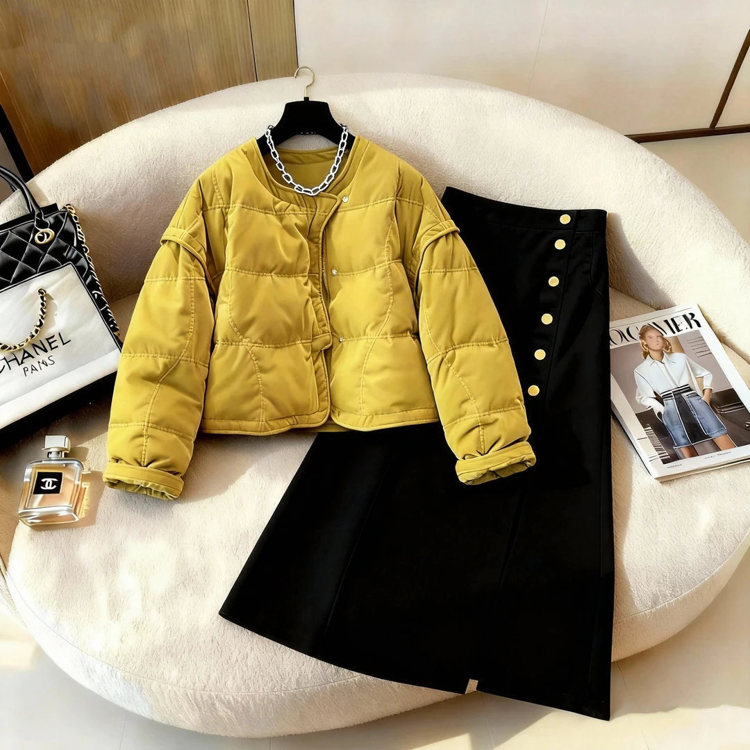 高端小资轻熟时尚气质保暖棉服冬季新款显瘦半身裙一整套女装套装