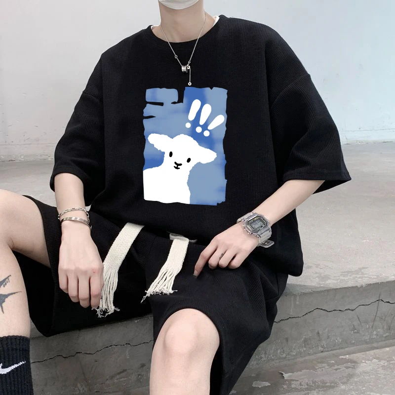 ins潮流卡通趣味印花华夫格短袖短裤男夏季新款宽松大码休闲套装