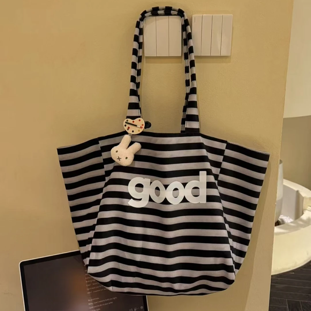 韩系条纹字母帆布单肩包休闲新款慵懒风大容量托特包网红款包包女