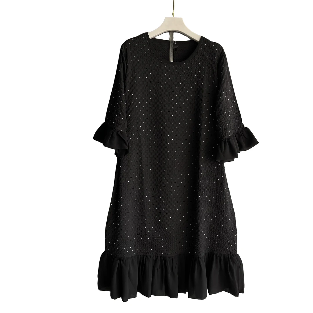 宽松显瘦连衣裙黑色气质时尚短袖休闲烫钻裙子大码女装