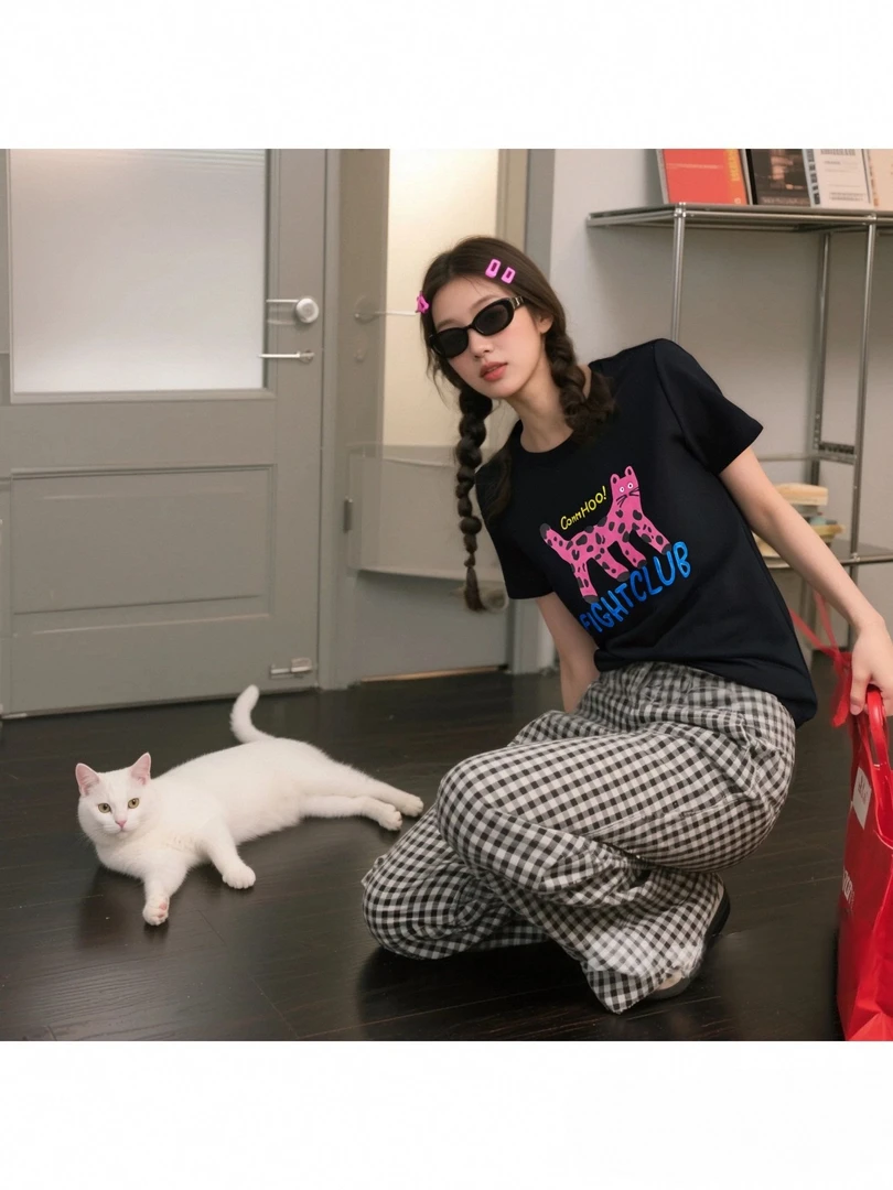 【豹纹小猫】  纯棉时尚休闲潮牌百搭夏季短袖印花潮流高级T恤1002#