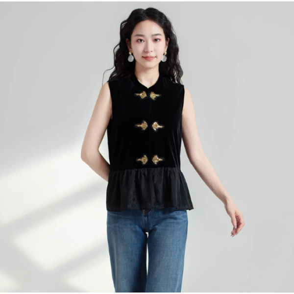 【HX484】复古钉珠盘扣马甲上衣女2025春秋款时尚国风马夹马甲